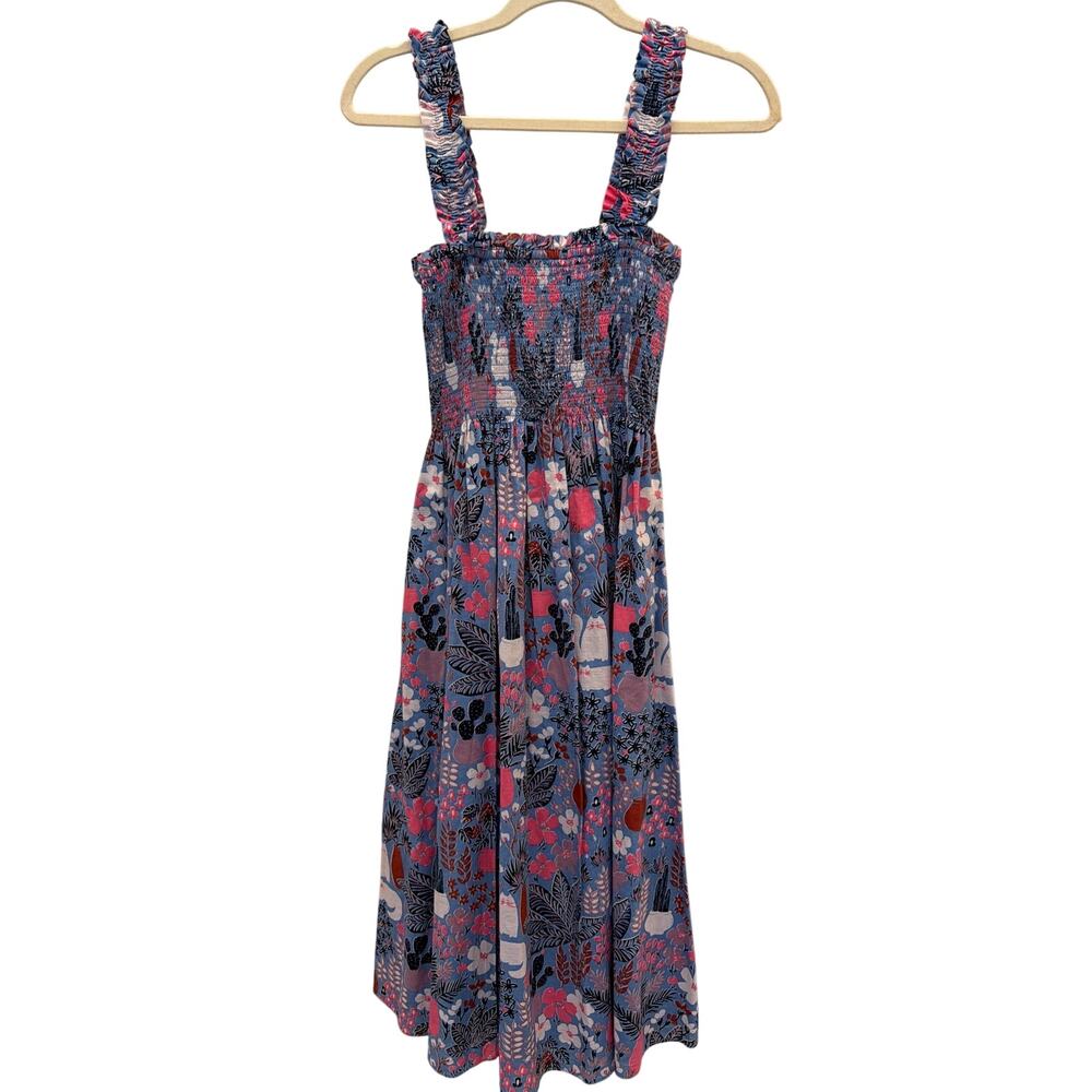 Kate Spade Garden Posy Smocked Midi Dress Women's Size Small Sundress Cactus Cat